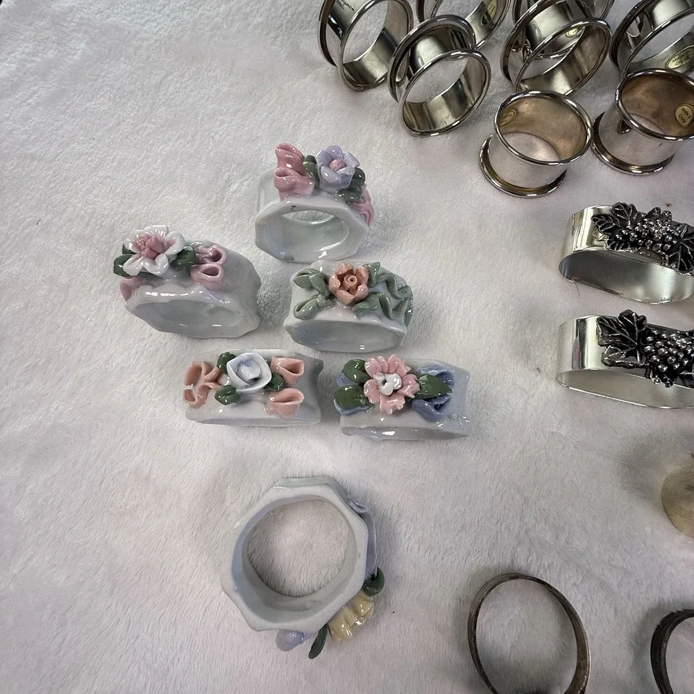 Vintage Napkin Rings Mixed Lot 44 Metal Porcelain Floral Grape Teapot Tableware